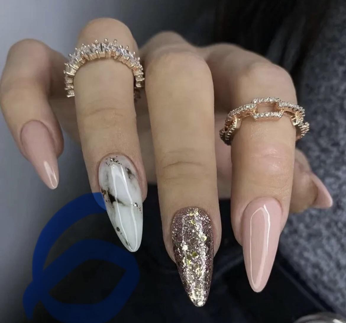 Pale Pink, White Marble & Gold Glitter Oval Nails.