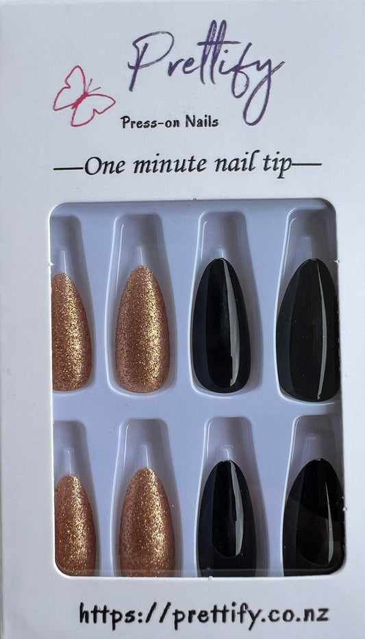 Black & Gold Glitter - Almond Press on Nails #W360