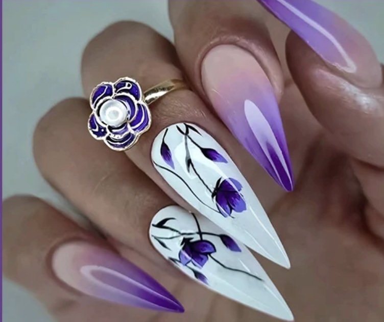 Purple & Lilac & White with Flowers - Stiletto Press on Nails 24pcs.