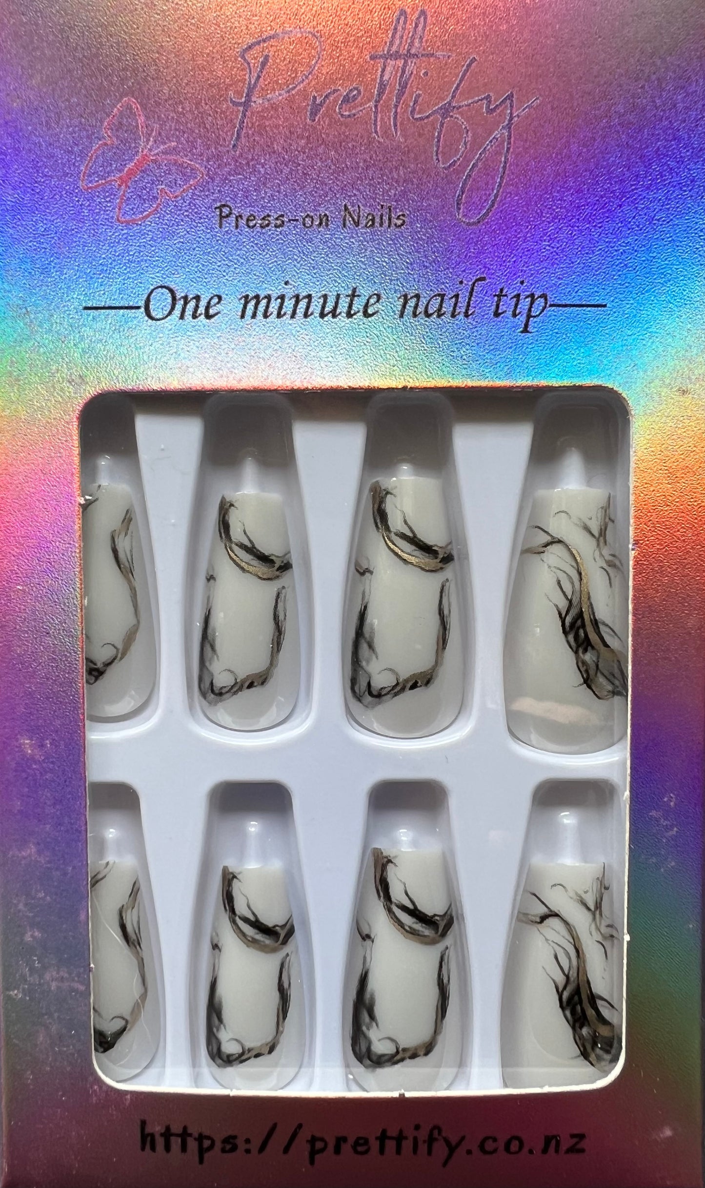 Pearl White with Black & Gold Swirls - Coffin Press on Nails.