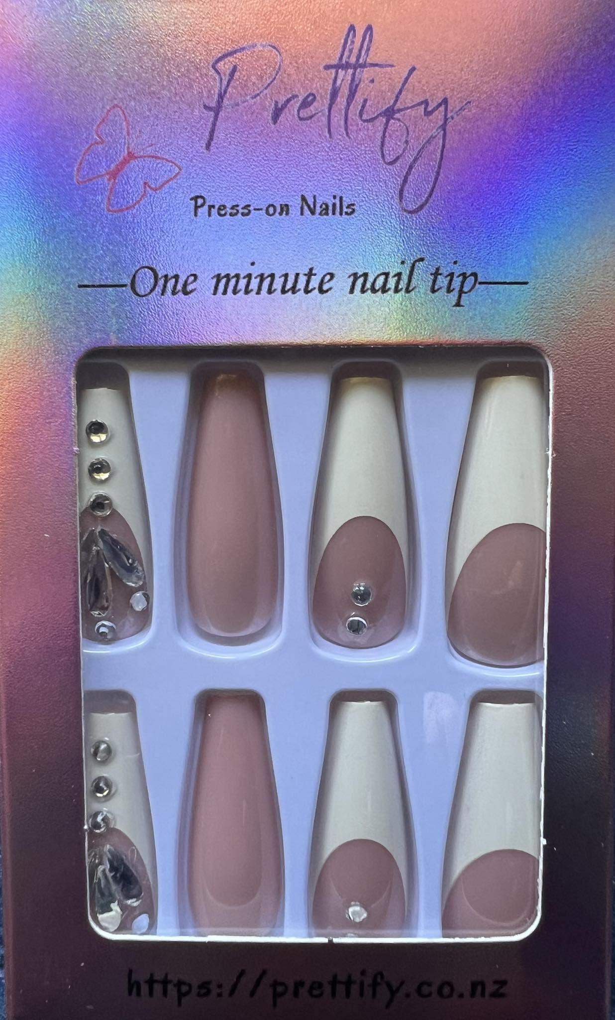 Mocha & Cream White Tips with Jewels - Long Coffin Nails 24pcs.