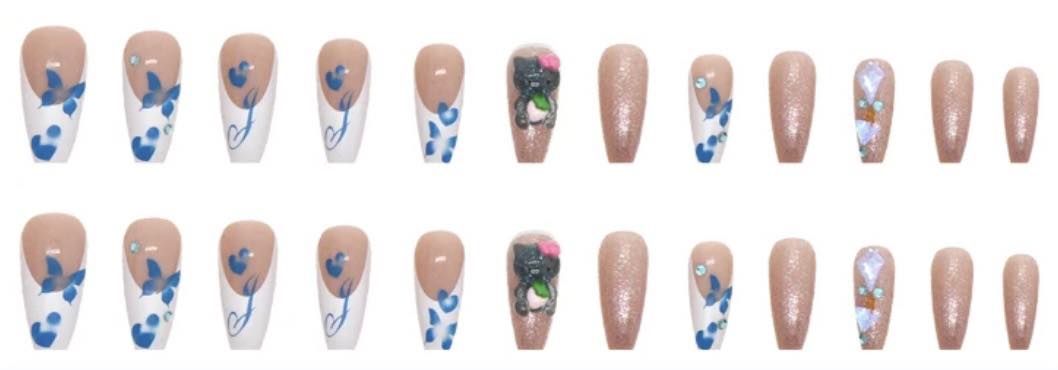 White Tips, Blue Hearts & 3D Kitty - Coffin Press on Nails 24pcs.