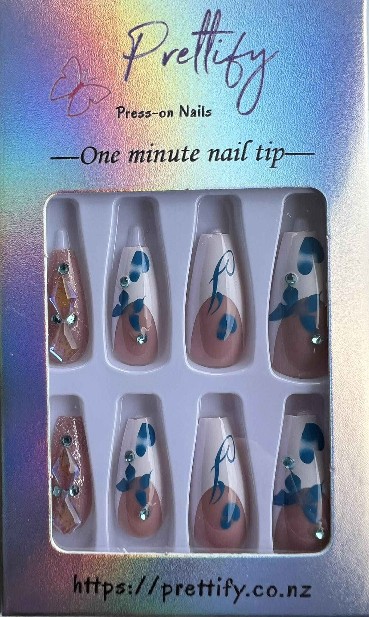 White Tips, Blue Hearts & 3D Kitty - Coffin Press on Nails 24pcs.