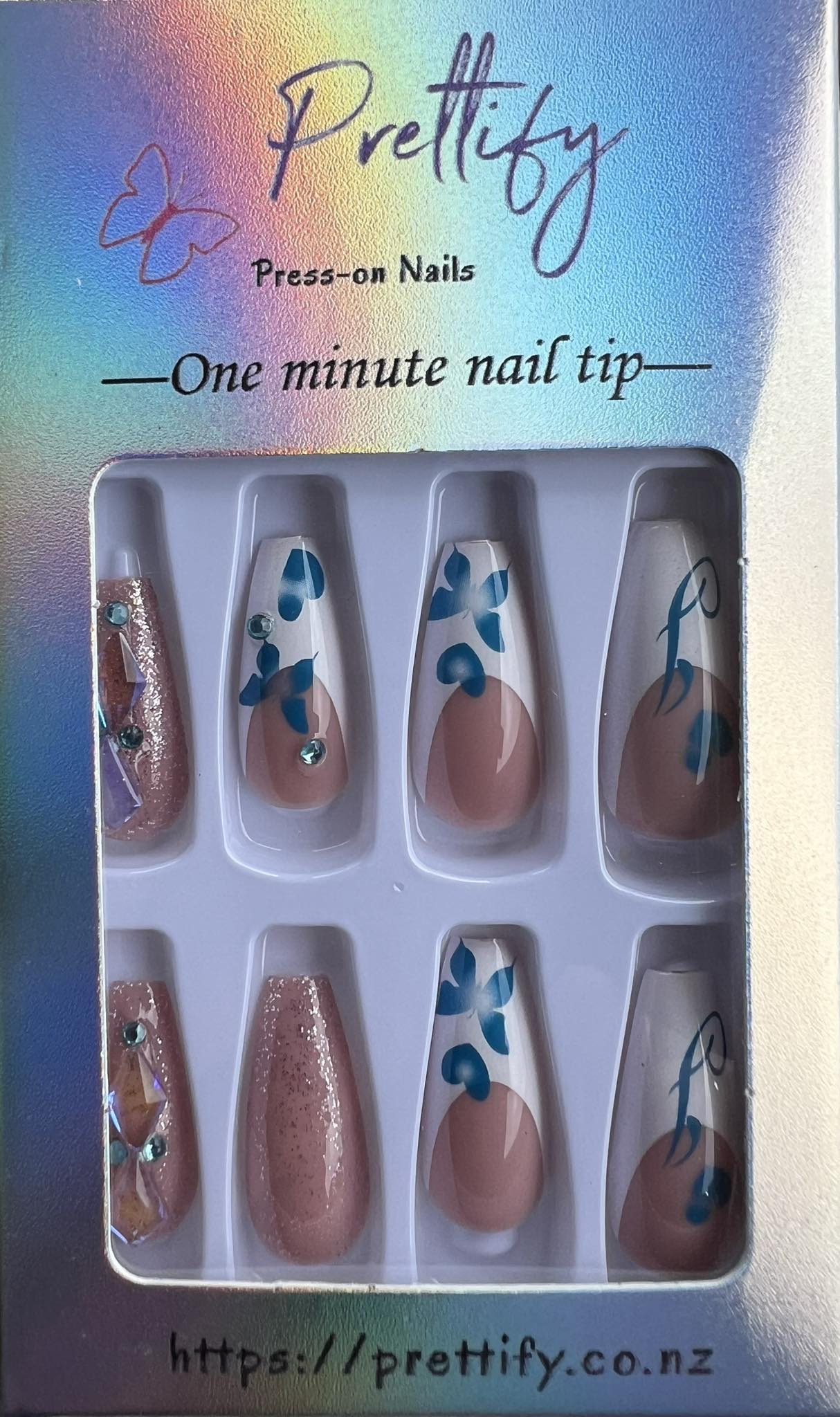 White Tips, Blue Hearts & 3D Kitty - Coffin Press on Nails 24pcs.