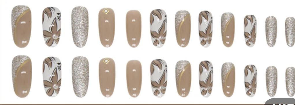 Coffee, Gold & White with Flowers - Oval Press on Nails 24pcs.